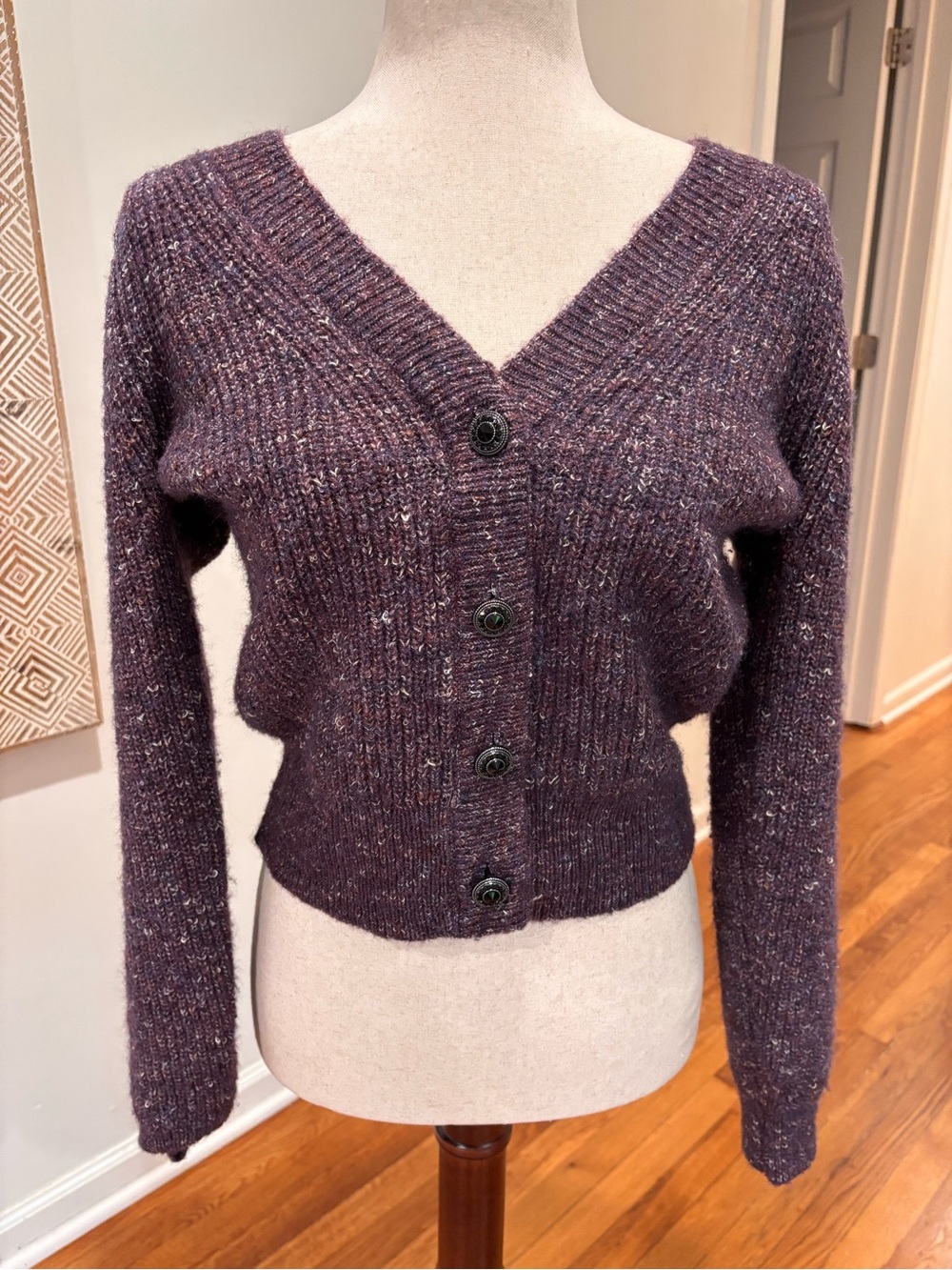 WHBM Purple Cropped 5% Wool Sweater Black Buttons